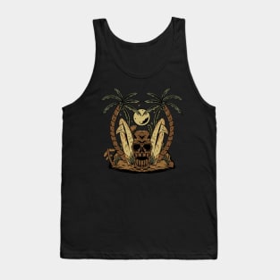 Tiki skull surfer palm trees beach .Hallloween Tank Top